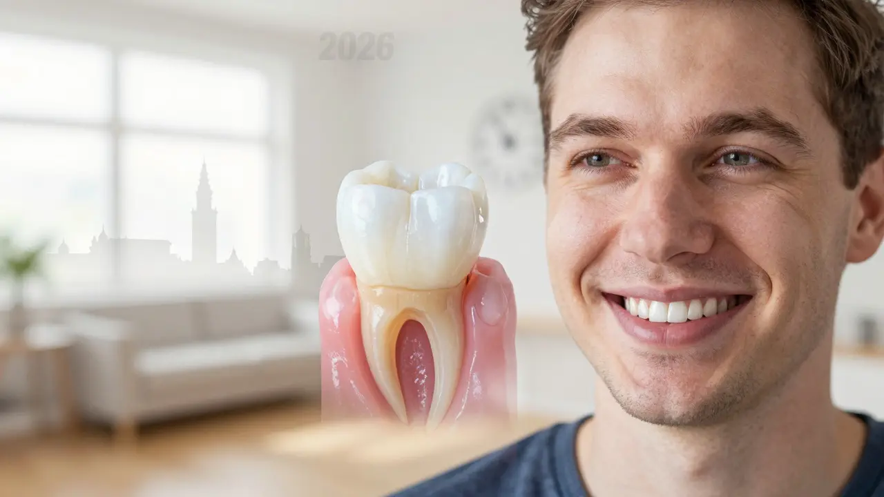 Patient smiling with natural-looking ceramic crowns, hidden structure visible