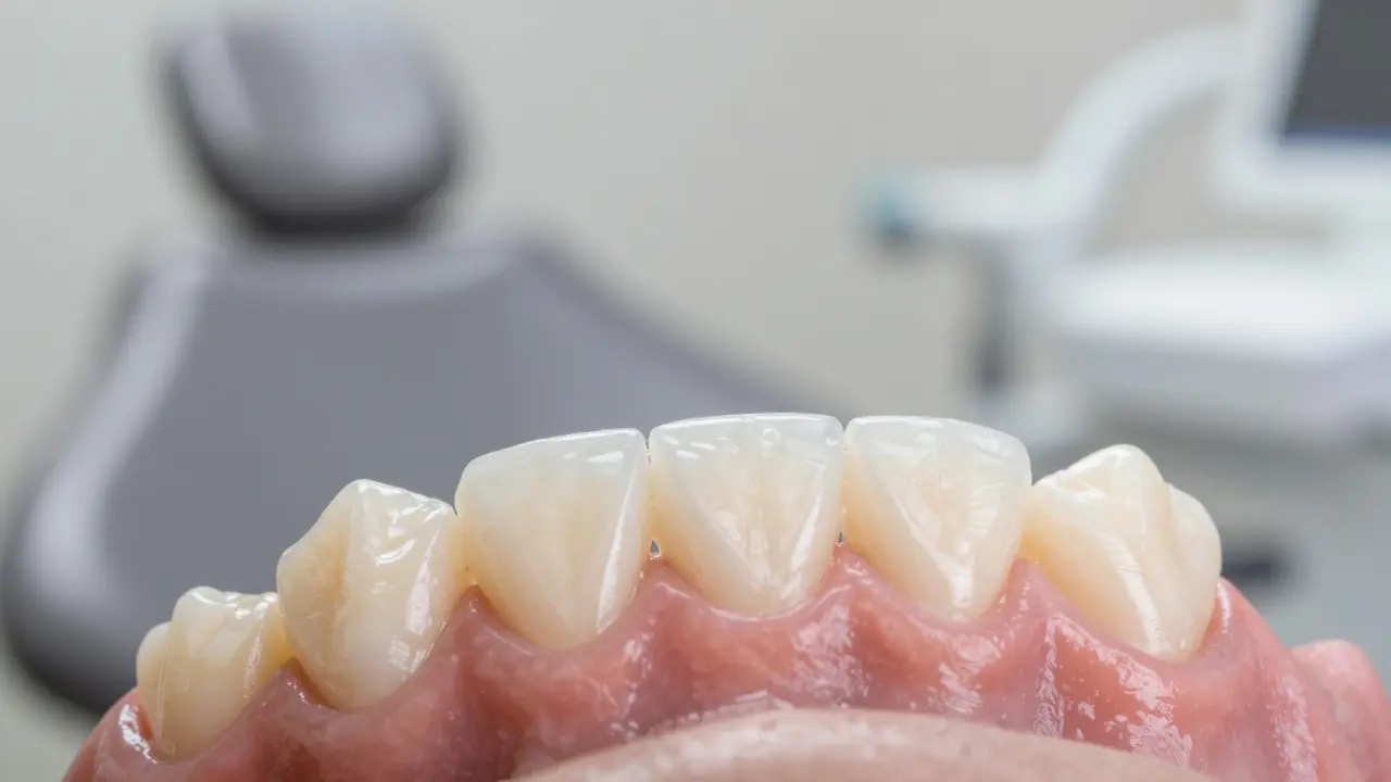 Porcelain veneers bonded to front teeth, looking natural and seamless.