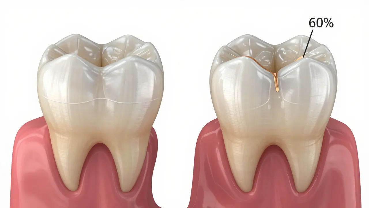 Porovnání přípravy zubu pro nalepovací zub a zubní korunku s různými úrovněmi odstranění tkáně.