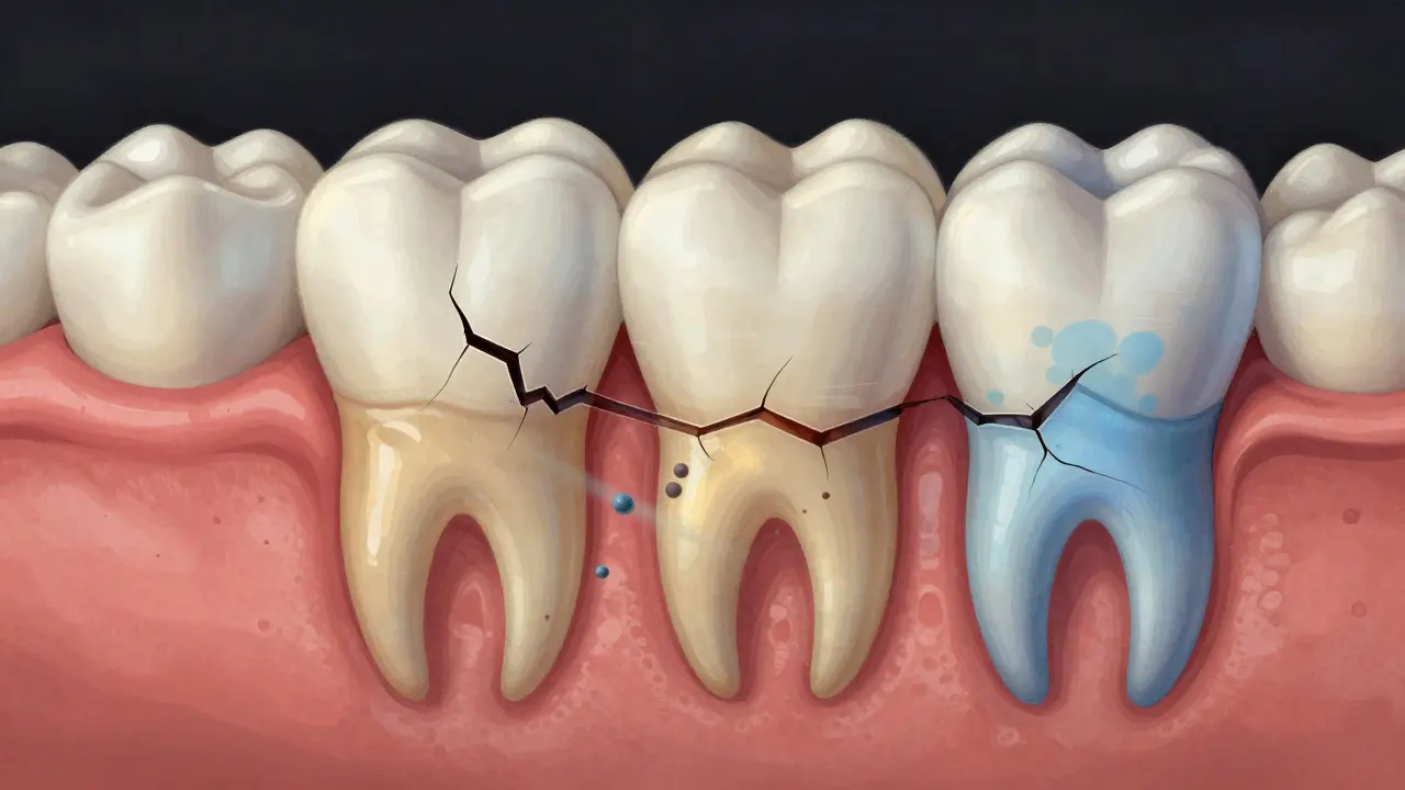 Příčný řez zubem ukazující prasklinu postupující od skloviny k dentinu.