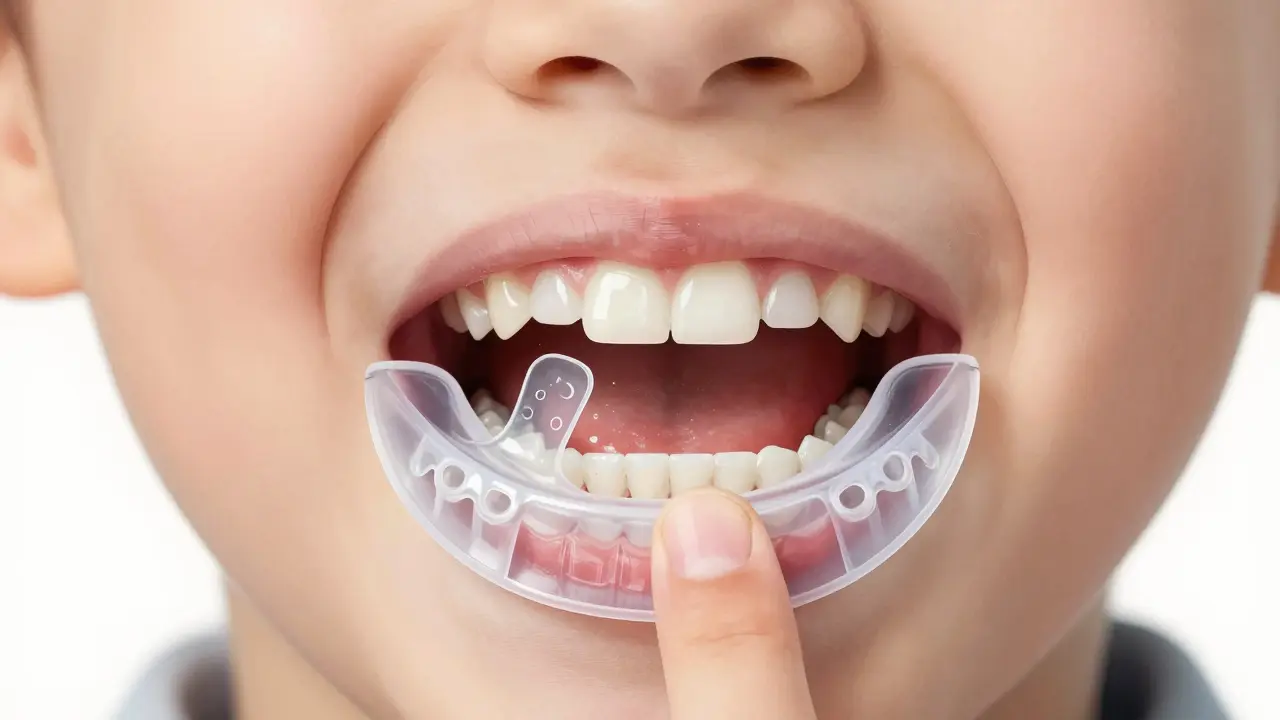 Průřez dětské ústní dutiny s třemi typy snímacích rovnátek: pro jazyk, prst a dýchání ústy.