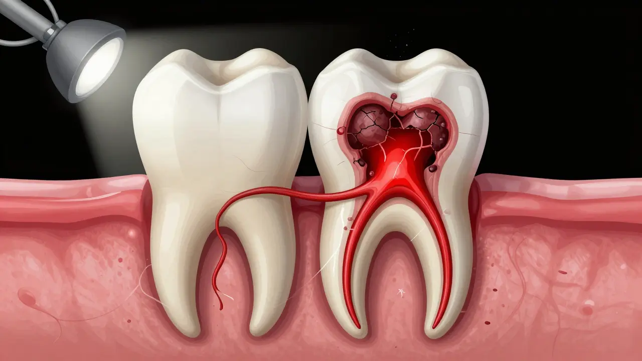 Průřez zubem s červeným nervem a kazu, infekce se šíří do čelisti.