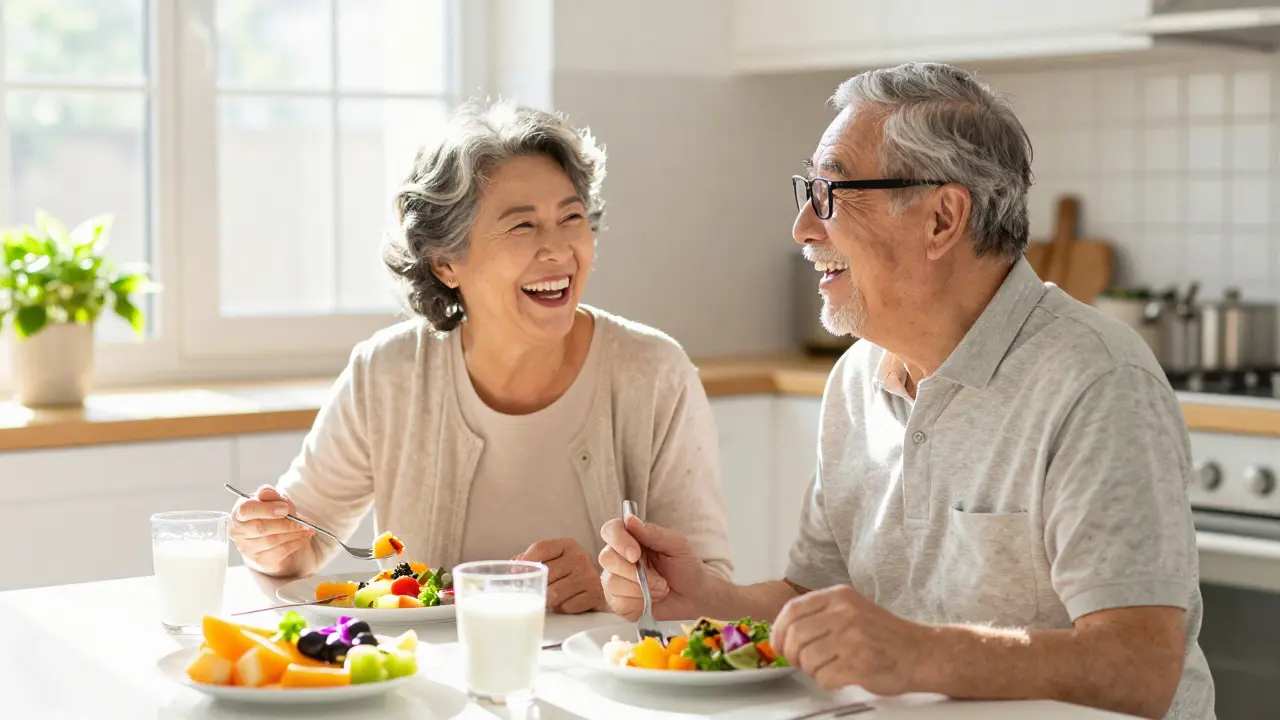 Radostný starší pár sedící u stolu a vychutnávající si jídlo.