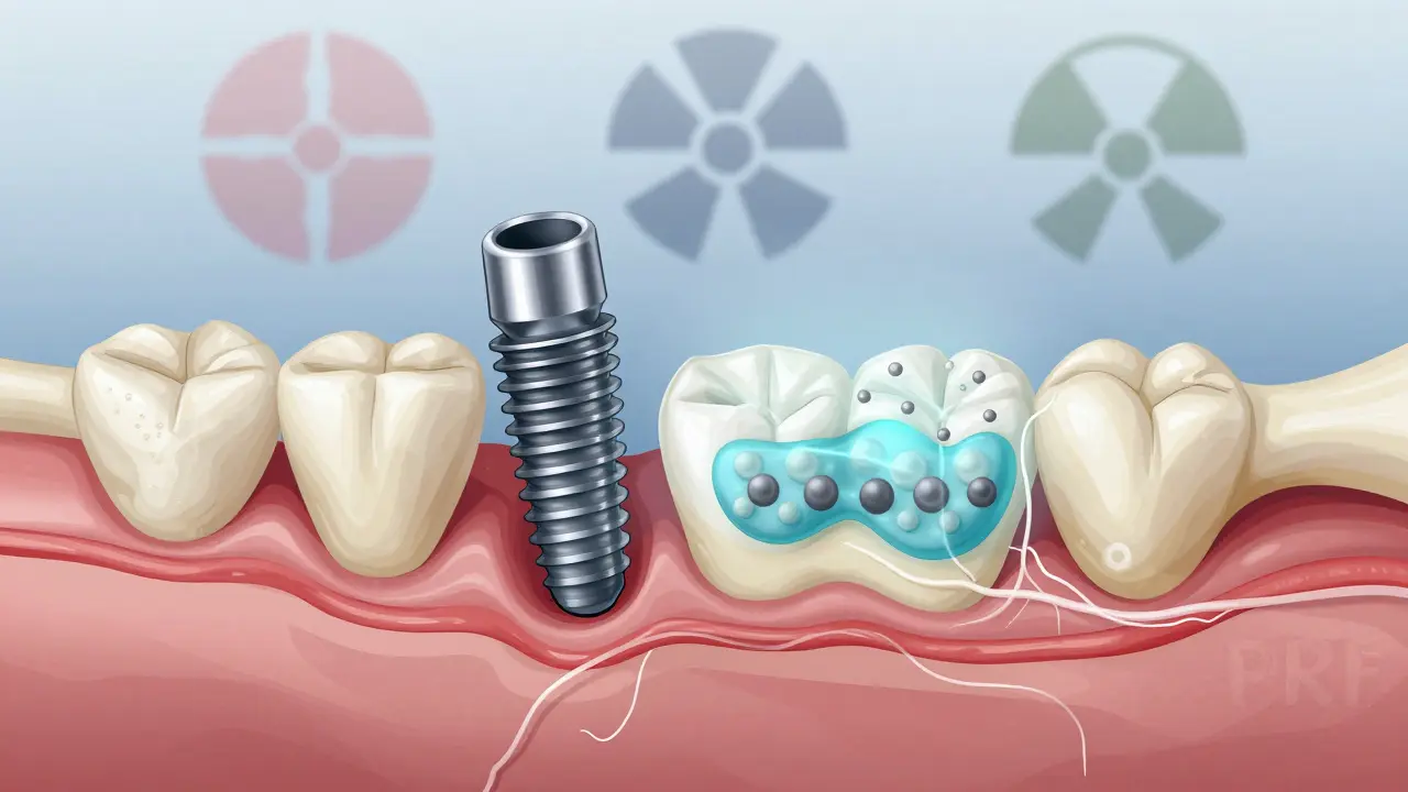Řez čelistí s implantáty: standardní a speciální pro zářením poškozenou kost, s regeneračními faktory.