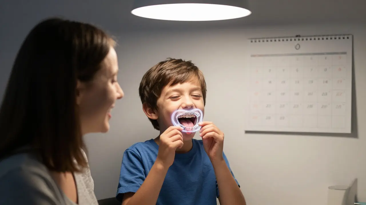 Rodič a dítě se smějí, dítě drží rovnátko jako štít, symbolizující úspěšnou změnu návyku.