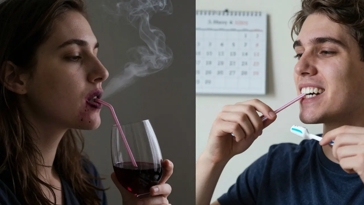 Rozdělený obraz: jedna strana ukazuje kouření a červené víno, druhá strana ukazuje péči o zuby a bílý úsměv.