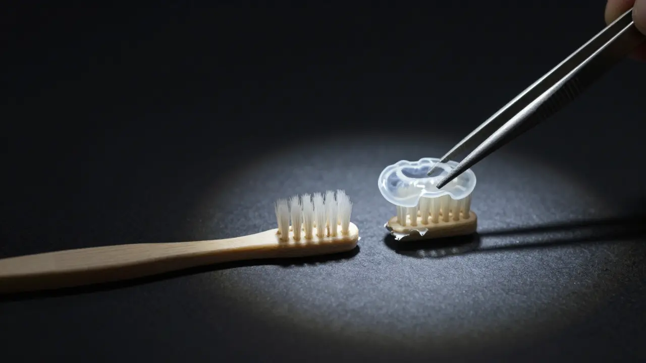 Roztržená gumička vedle nové, která je právě nasazována na rovnátka.