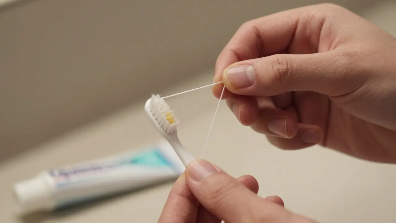 Ruce používají zubní nit mezi zuby, na pozadí zubní pastu a gel pro údržbu.