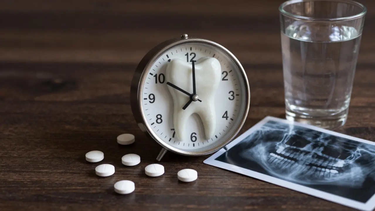 Slábnoucí zub s hodinami ukazujícími 7 dní, symbolizující zpožděnou léčbu.
