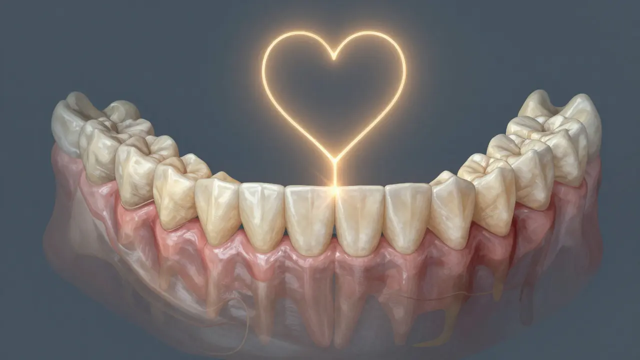 Srovnání zdravého a poškozeného zubního oblouku s ukázkou ztráty kosti a obnovy.