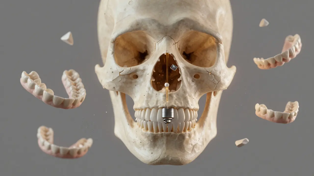 Titanium dental implant fused with jawbone through osteointegration, while old dentures and bridges dissolve into dust.