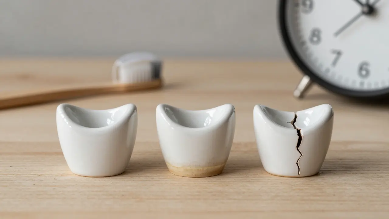 Tři keramické fazety v různých stavech — nová, poškozená a odstraněná — s nástroji pro ústní hygienu.