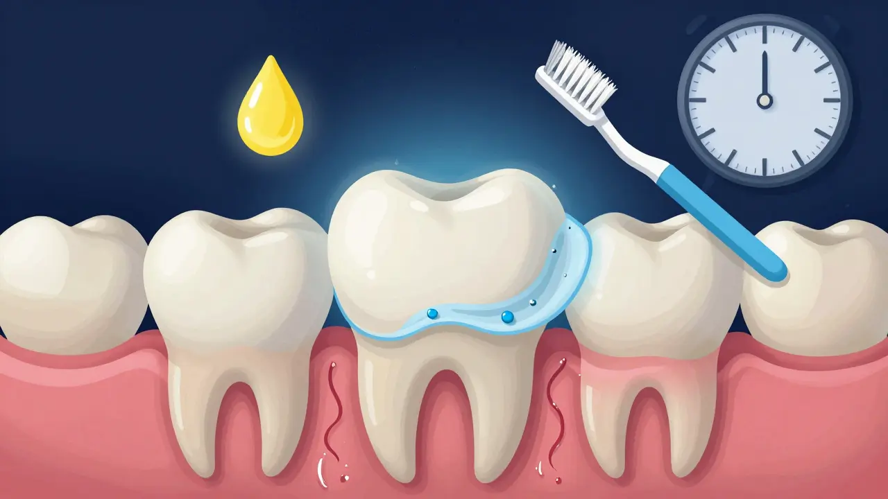 Zub s opotřebovanou sklovinou a vystavenými důlky, zatímco se jemná vrstva vápenaté látky uzavírá póry jako ochranný štít.