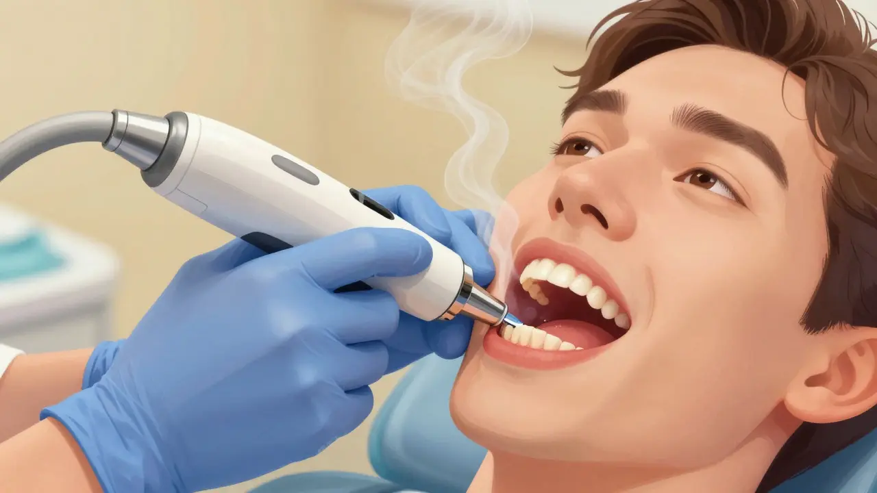 Zubní hygienistka odstraňuje kámen pod dásní ultrazvukovým čističem.