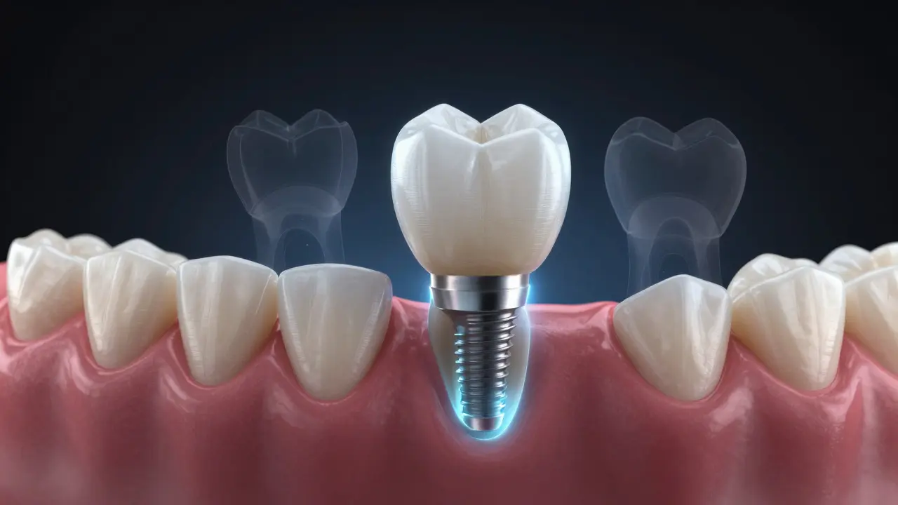 Zubní implantát vyrůstající z čelisti, zatímco nalepovací zuby nejsou schopny přilepit se do prázdného prostoru.