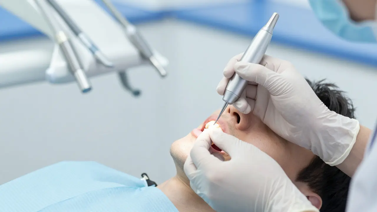 Zubní lékař aplikující ochranný lak na zub