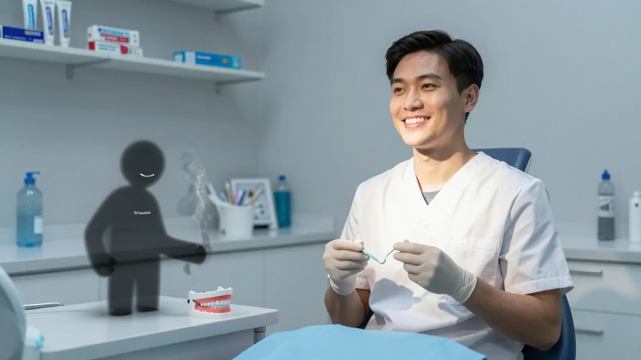 Zubní lékař nanáší fluoridový gel pacientovi, na stole noční ochranná štětěnka a sklenice vody, klidná klinická atmosféra.