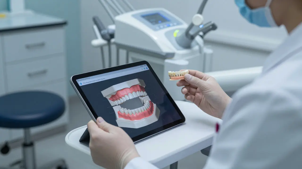 Zubní lékař porovnává keramickou fazetu s přirozenými zuby pomocí 3D modelu na tabletu.