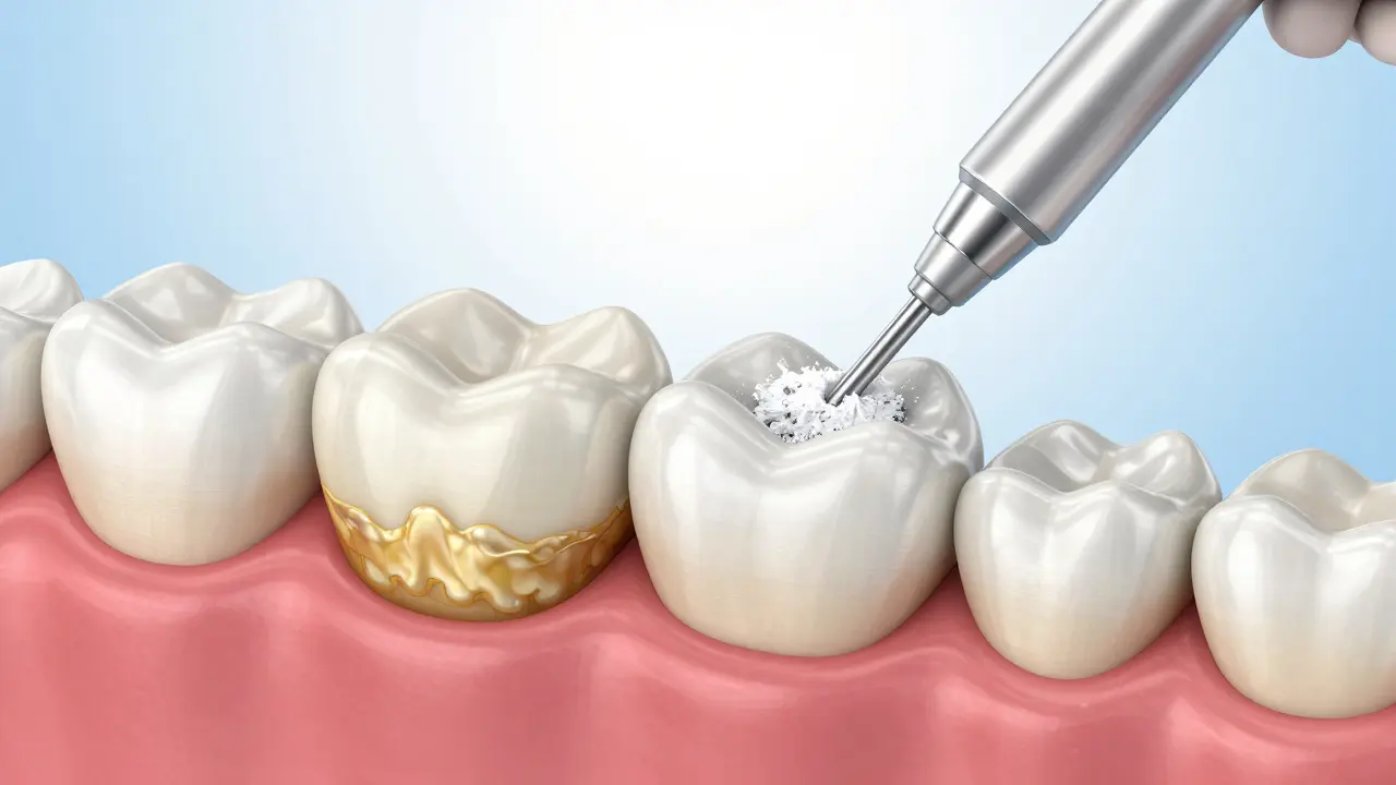 3D ilustrace čištění zubu pomocí pískování pro odstranění plaku a skvrn.