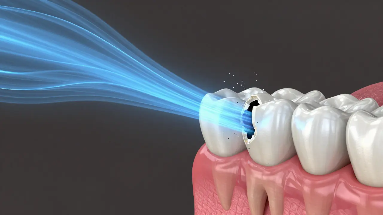 3D ilustrace znázornující proud vzduchu únikající skrz prasklou zubní sklovinu při mluvení.