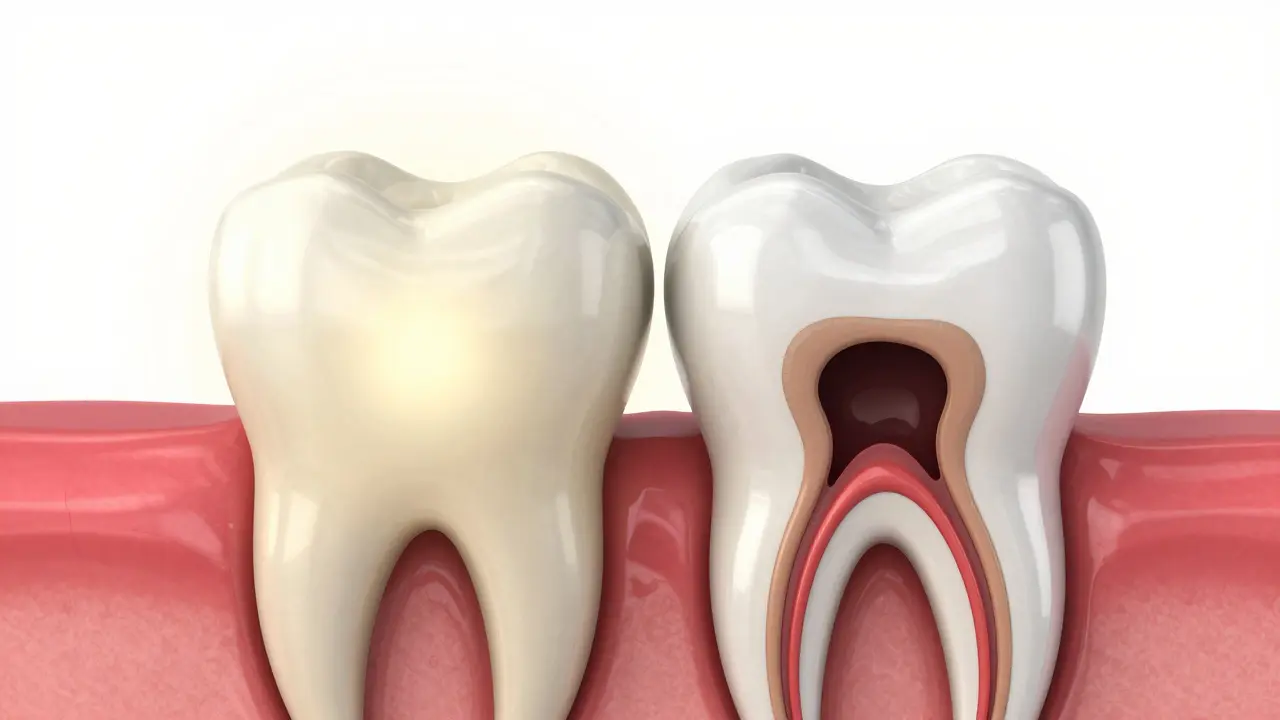 3D ilustrace zubu s hlubokým kazem a znázorněním tlumícího účinku eugenolu.