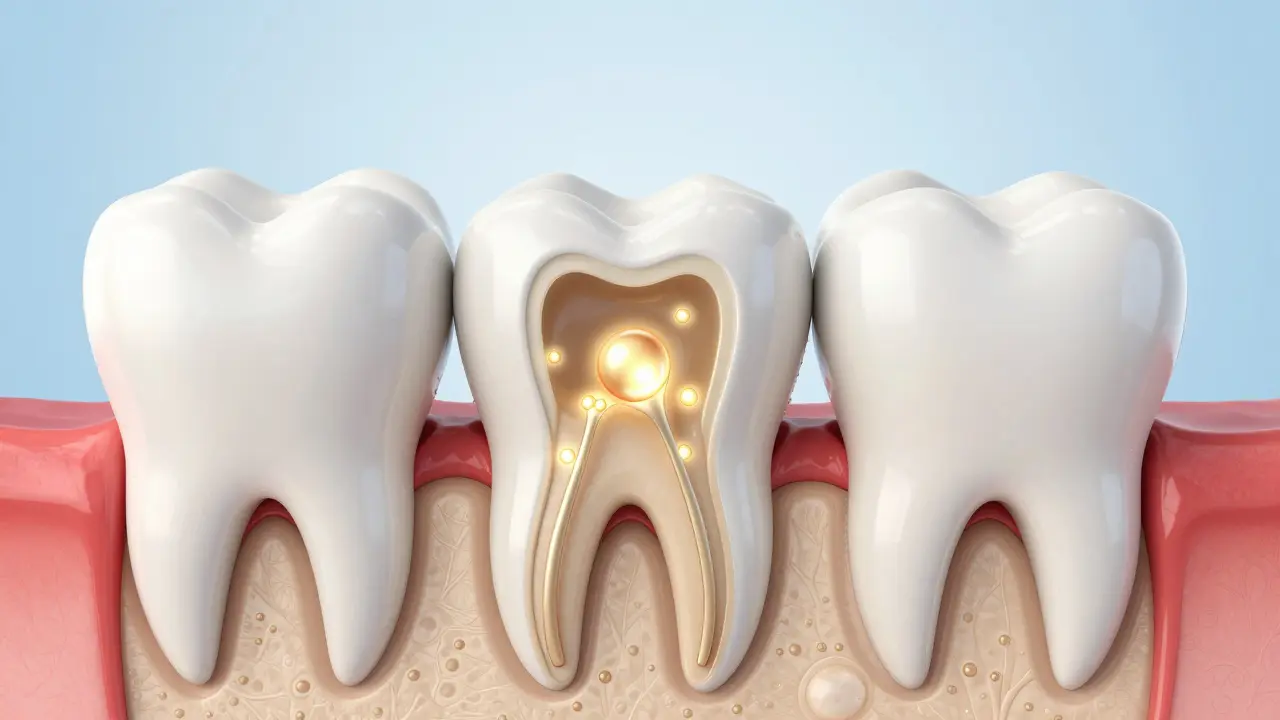 3D ilustrace zubu ukazující uzavírání kanálků v dentinu minerály.