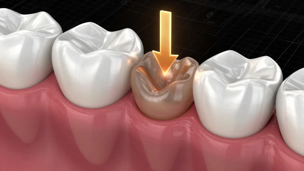 3D model zirkoniové korunky s vektory znázornujícími tlak při žvýkání.