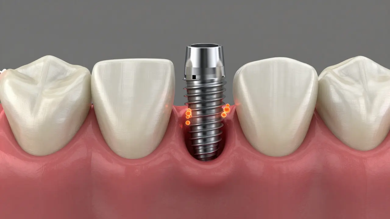 3D render zánětu dásní kolem dentálního implantátu.