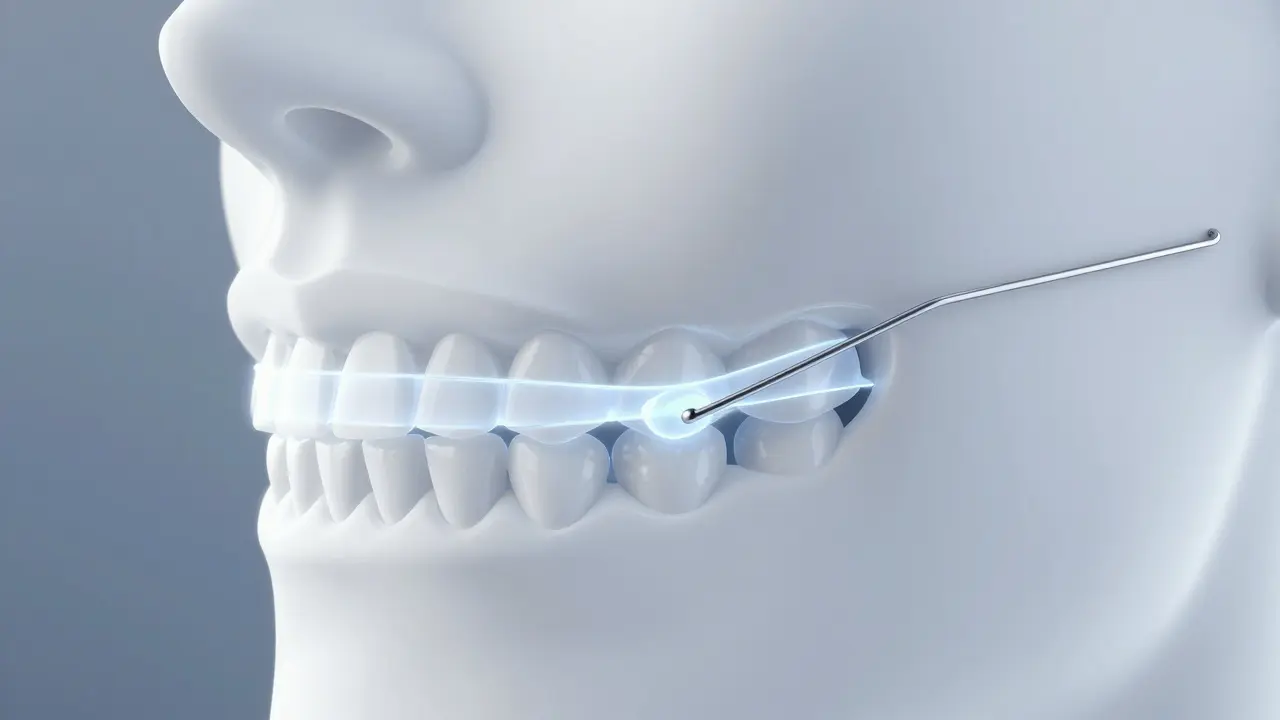 3D vizualizace fixního retenčního drátu na zadní straně zubů.