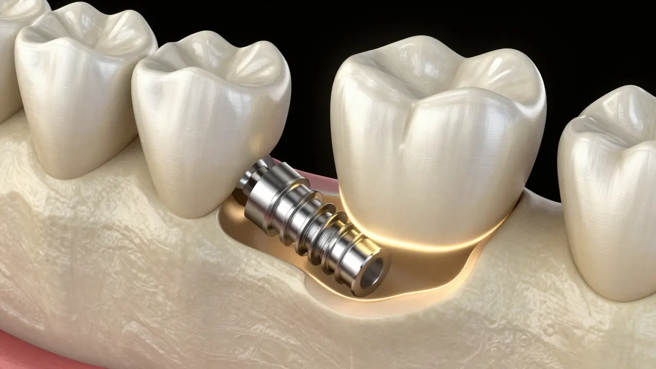 3D vizualizace procesu osteointegrace, kdy se titanový implantát spojuje s kostí čelisti.
