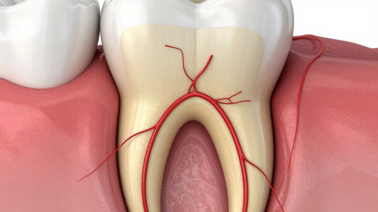 Anatomický průřez moláru znázorňující cement, dentin, pulpu a periodont v čelistní kosti.