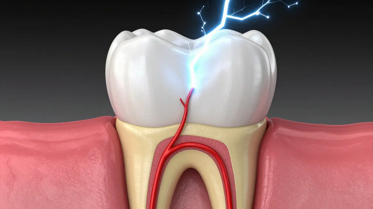 Anatomický průřez předního zubu znázornující citlivost a zánět pulpy.