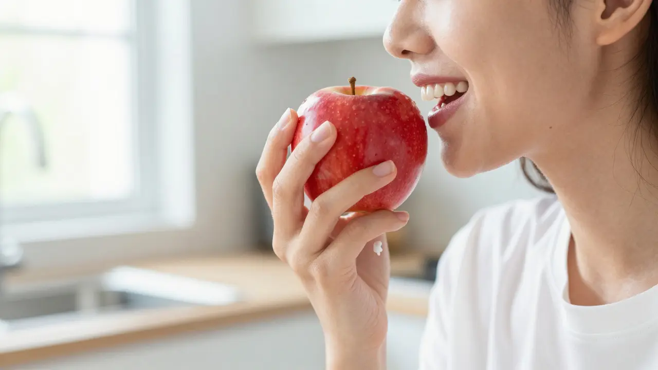 Člověk kousající do červeného jablka, znázornující funkčnost keramických zubů.