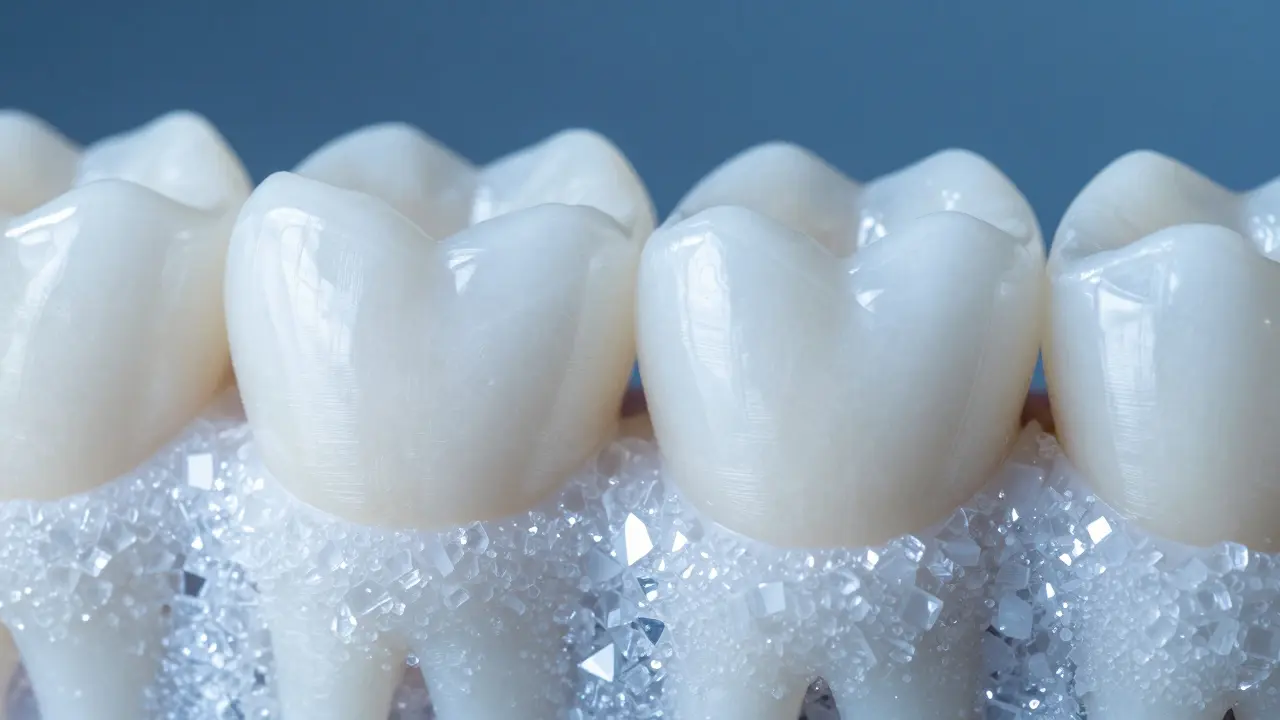 Detailní pohled na hustou krystalickou strukturu zubní skloviny.