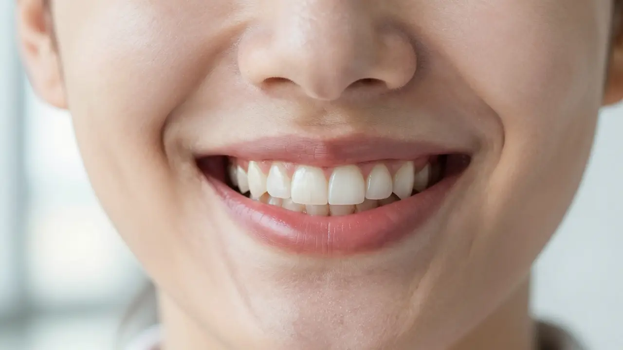 Detailní úsměv člověka s přirozeně vypadající celokeramickou zubní korunkou.