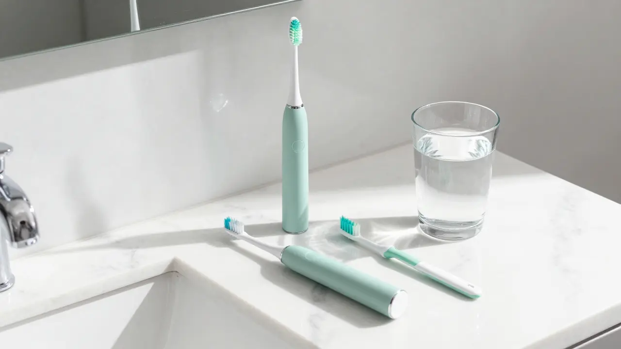 Elektrický kartáček a mezizubní kartáčky na koupelnovém pultu v ranním světle.