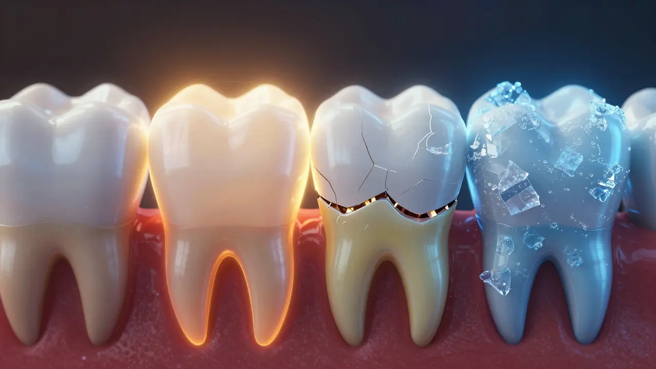 Ilustrace vzniku mikropraskliny v zubu v důsledku teplotního šoku.