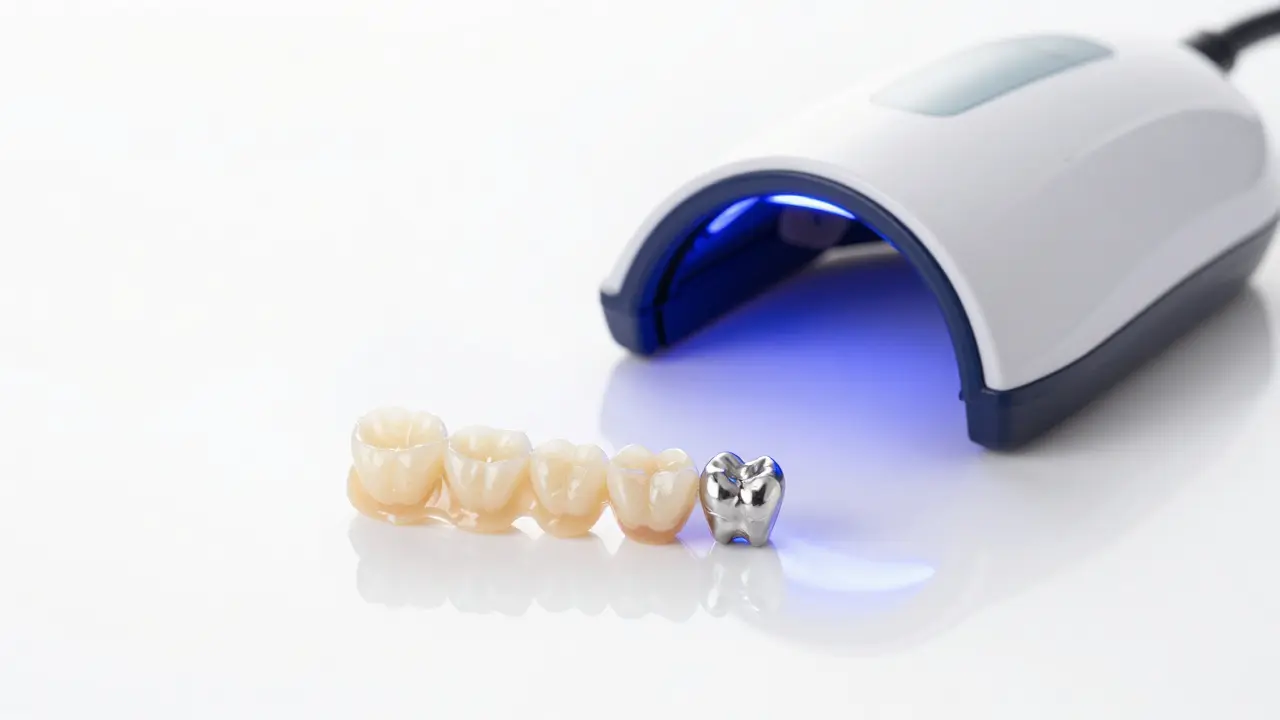 Keramická faseta, zirkoniová korunka a UV lampu v klinickém prostředí.