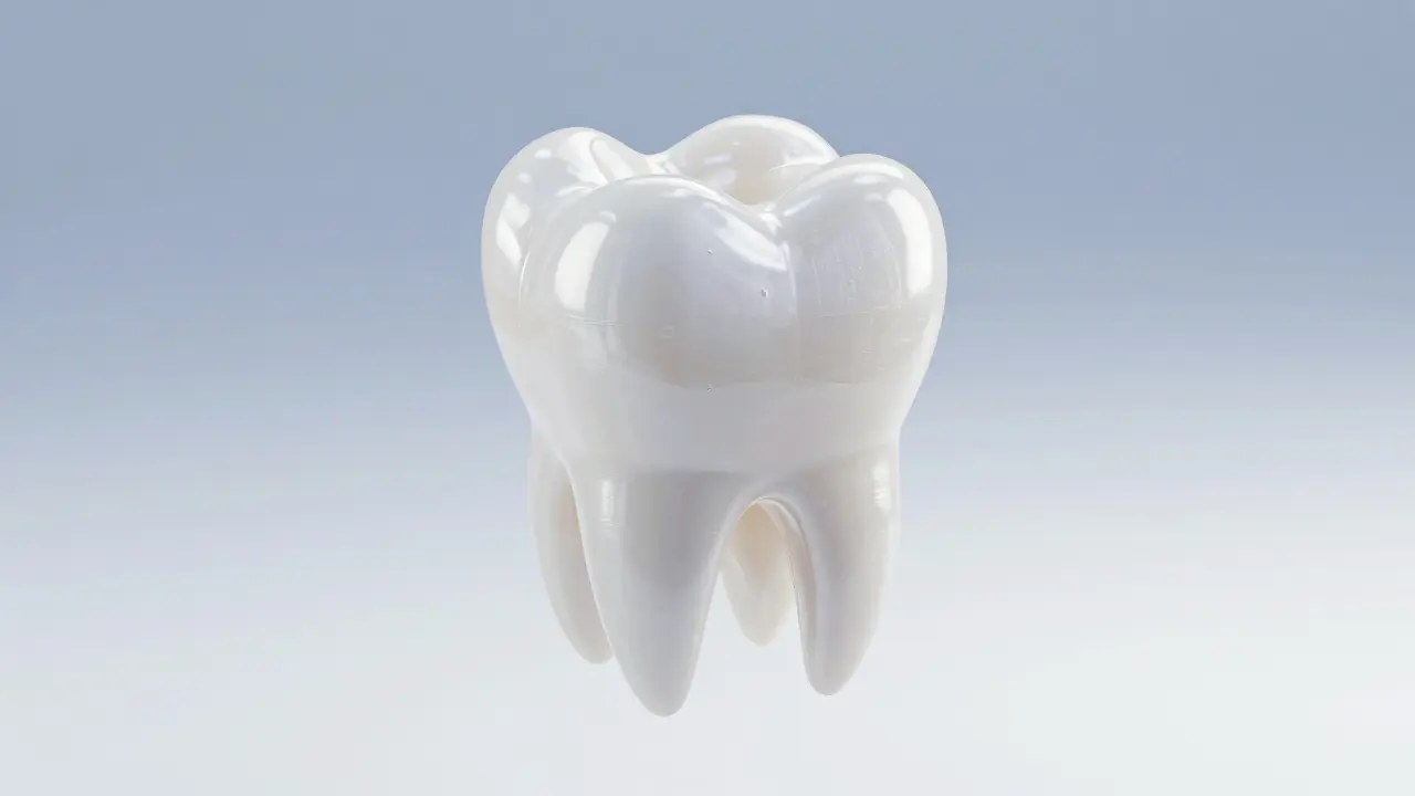 Konceptuální 3D model keramické fasetky před přilepením na zub.