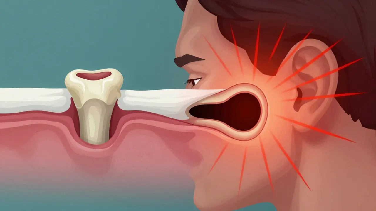 Konceptuální ilustrace srovnávající zdravé hojení a bolestivý suchý lůzek s vyzařující bolestí.