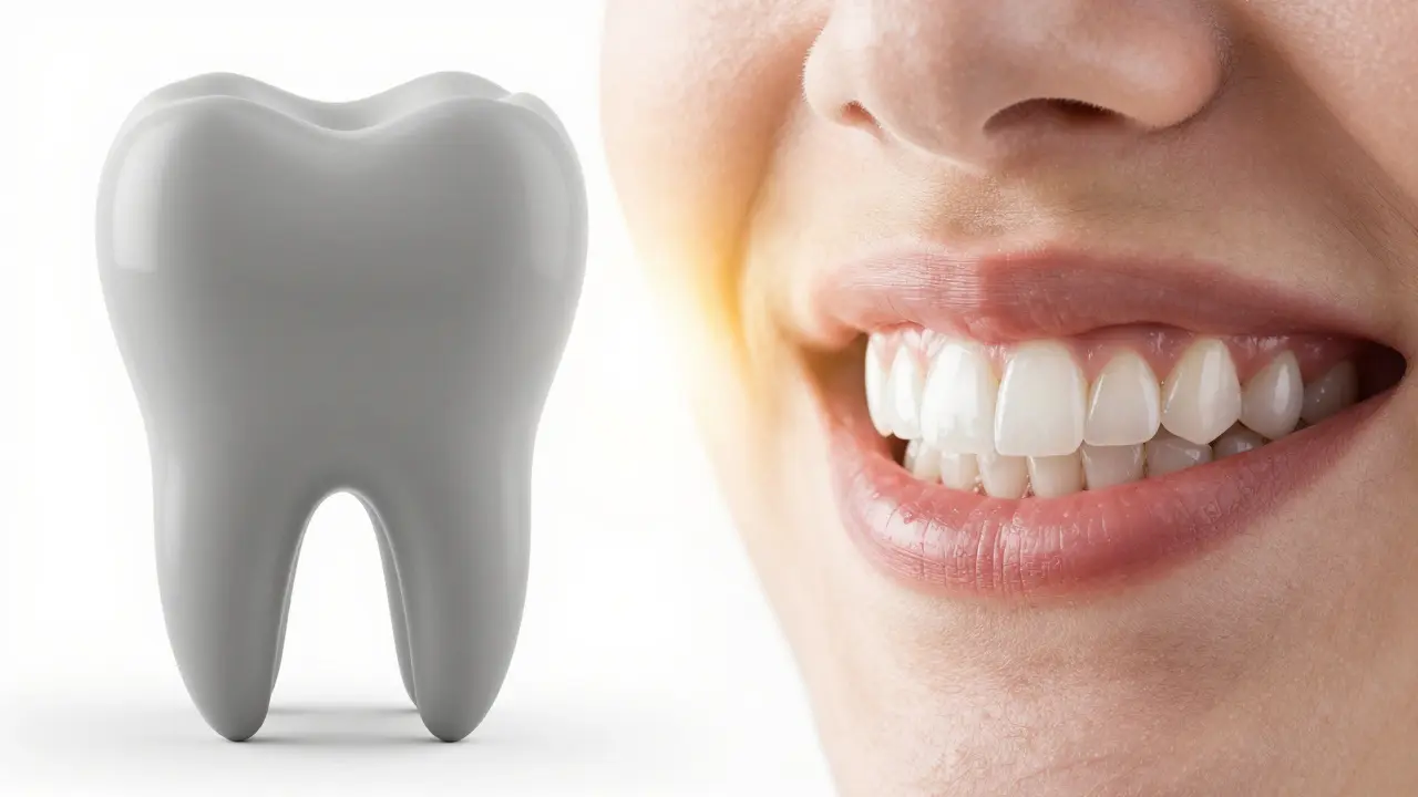 Konceptuální obraz znázornující přechod od poškozeného zubu k dokonalému úsměvu.