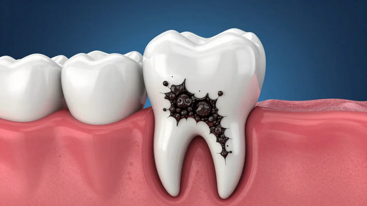 Konceptuální schéma zubu s černým zubním kamenem pod dásní a zánětem.