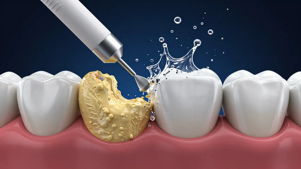Konceptuální znázornění odstranění tvrdého zubního kamene pomocí ultrazvuku a vody.