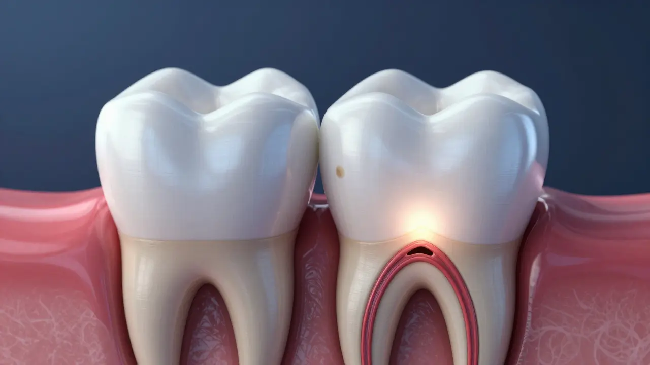 Kresba v řezu zubu ukazující postup kazu od povrchu k nervu.