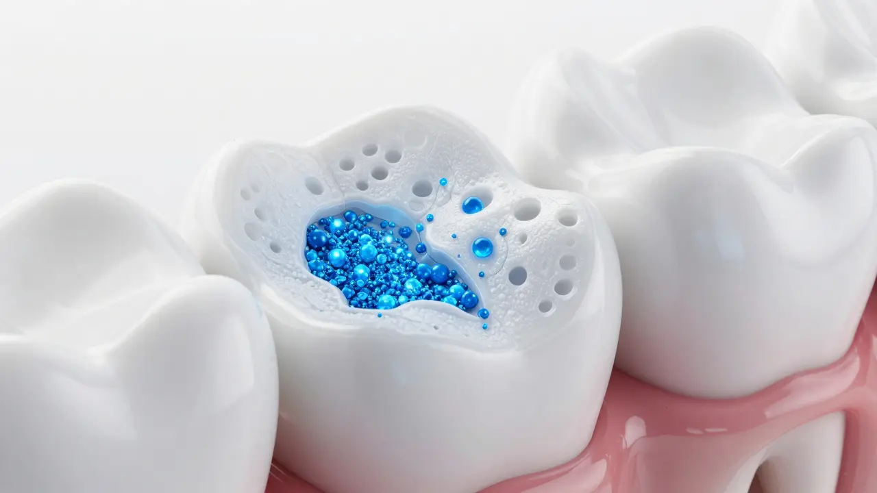 Makro detail skloviny zubu, kde modré ionty fluoridu vyplňují mikrotrhliny pro zpevnění.