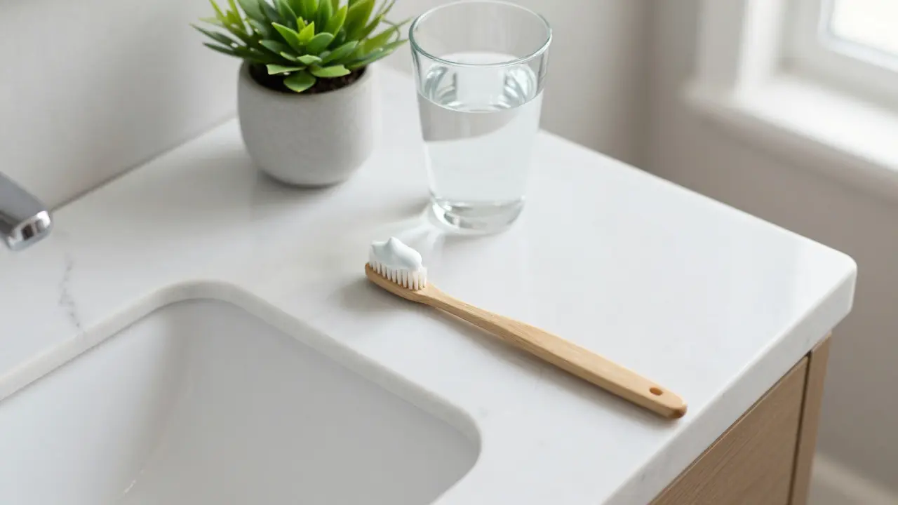 Měkký zubní kartáček s pastou na mramorovém koupelnovém stole.