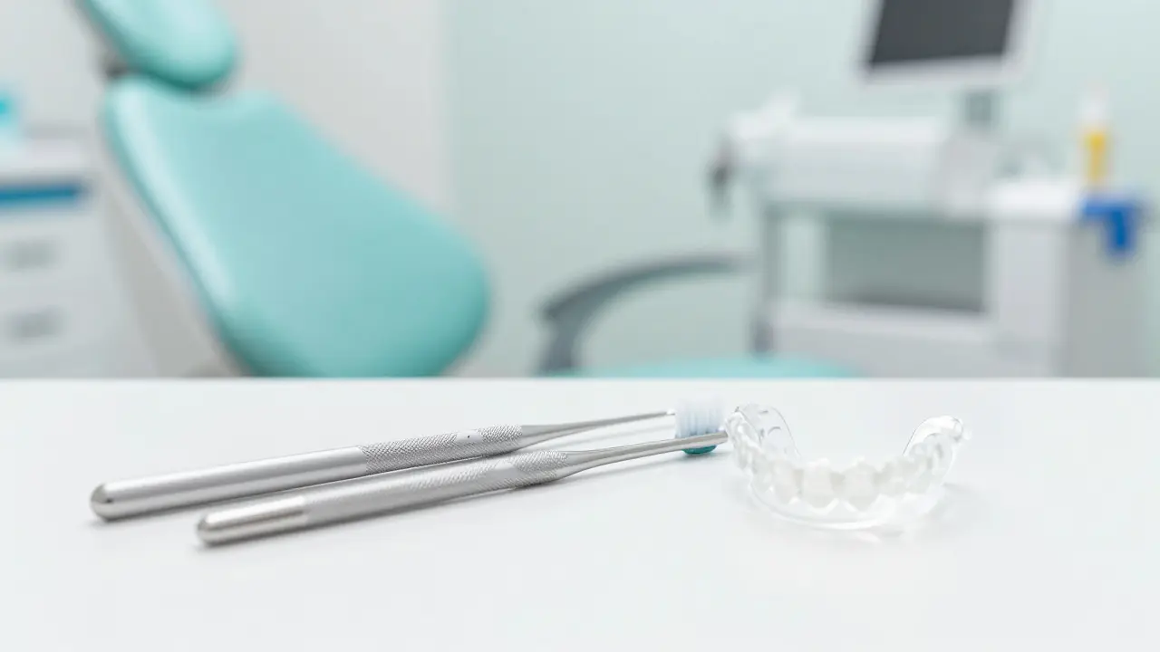 Mezizubní kartáček a ochranná dlaha na sterilním podkladu v moderní zubní ordinaci.