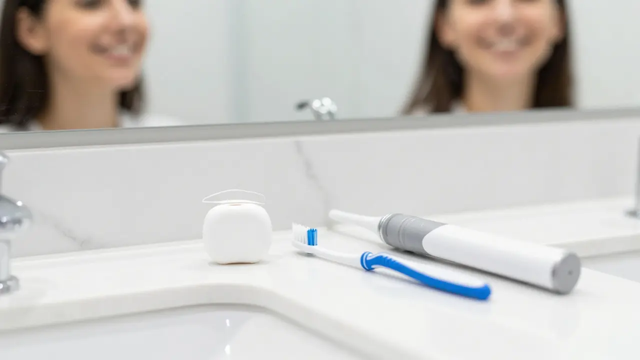 Moderní sada pro zubní hygienu s elektrickým kartáčkem a nití na bílém mramoru.