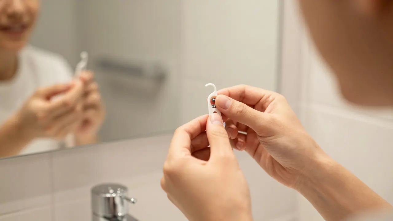 Osoba nasazuje elastickou gumičku na rovnátka před zrcadlem.