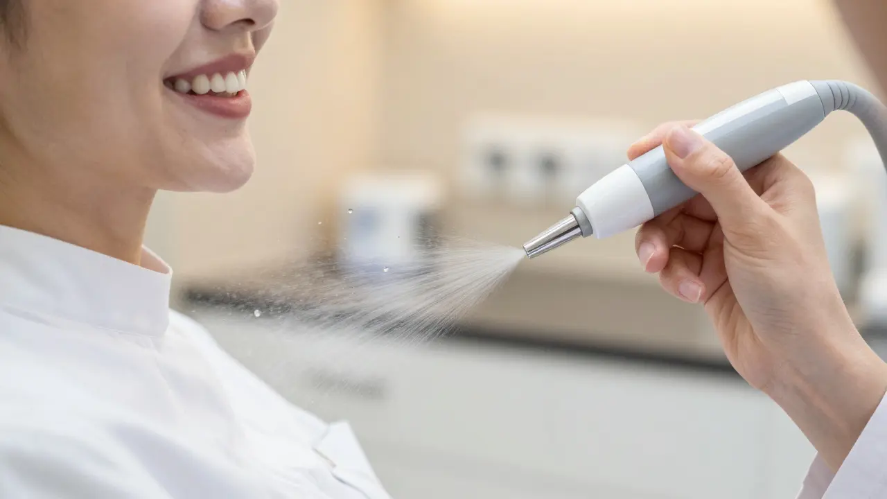 Profesionální čištění zubů metodou Airflow v moderní zubní klinice.